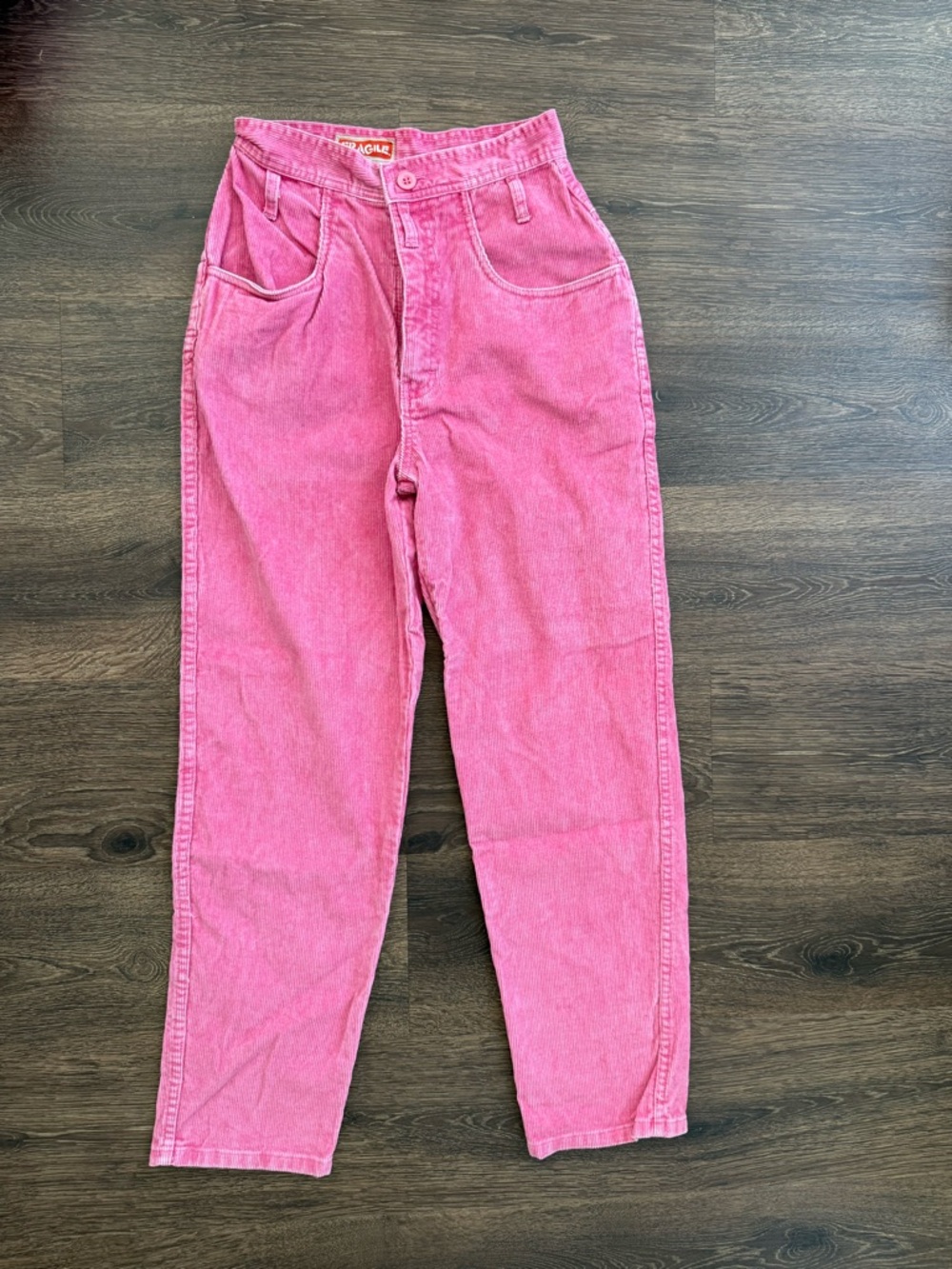 Vintage ‘Fragile’ Women's High-Waist Pink Cord Pants